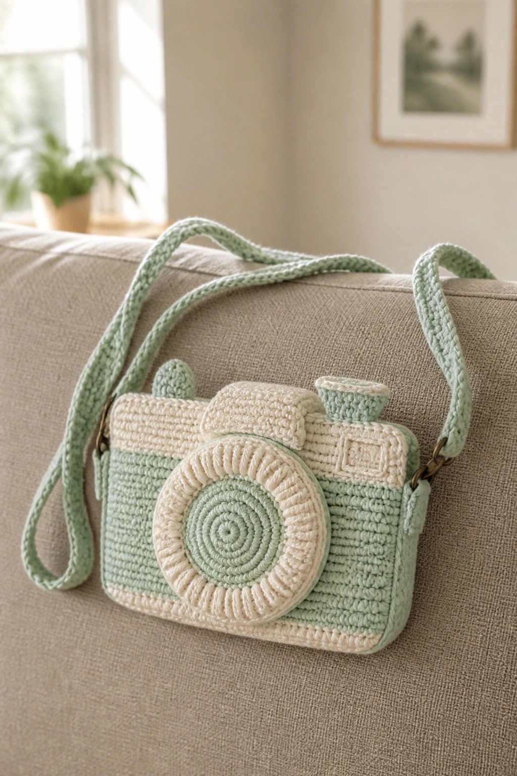 Mint green and cream crocheted camera-shaped purse on beige couch.