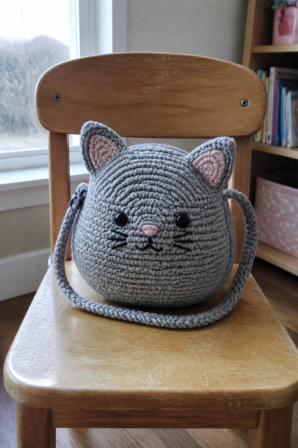 A gray crocheted round bag shaped like a cat head with ears, face details, and a long strap sits on a wooden chair.