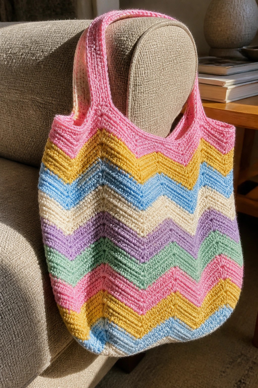 Colorful chevron-striped crochet tote bag with pink handle on beige chair arm