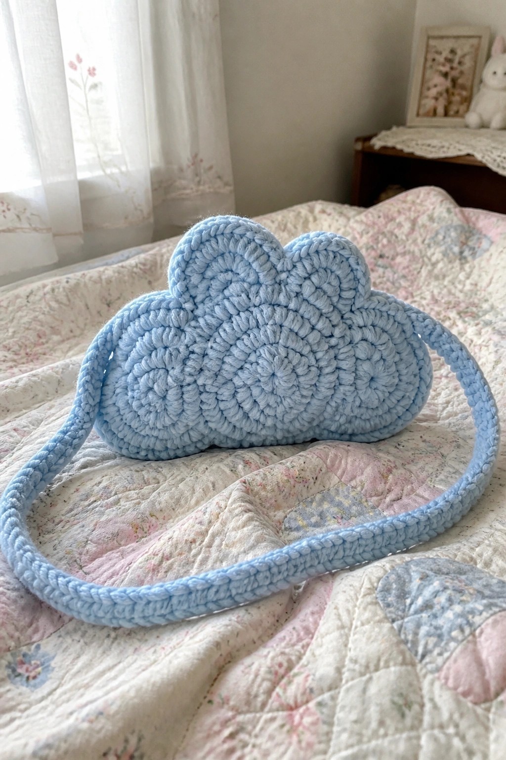 Light blue crocheted cloud-shaped bag with strap on floral quilted bedspread
