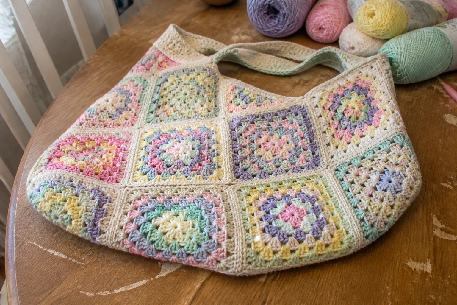 Crocheted granny square tote bag in pastels beside yarn skeins on wooden table