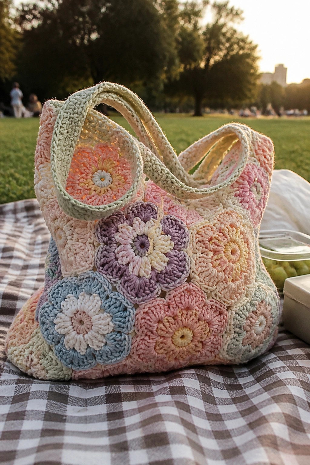 Pastel crocheted floral tote bag on checkered picnic blanket in sunny park.