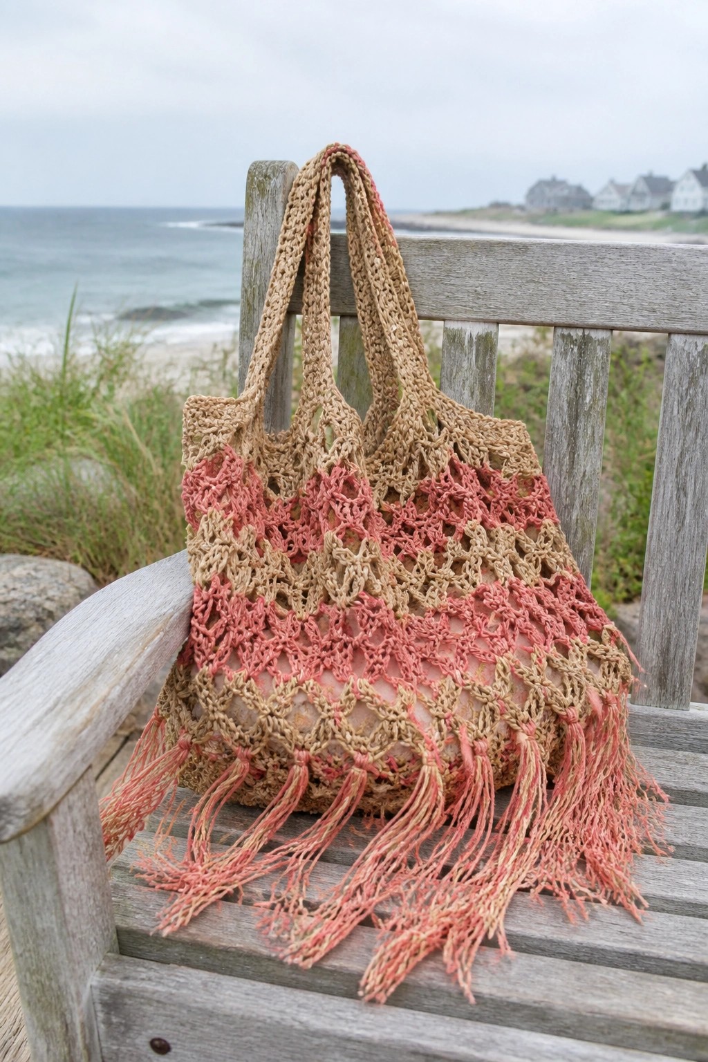 Ombre crocheted mesh tote bag with fringes on wooden beach bench