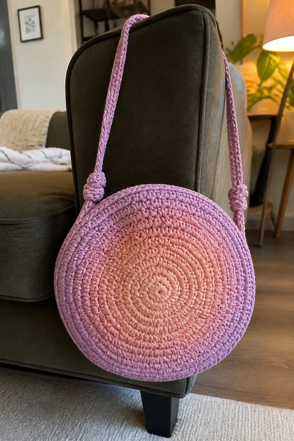 Round ombre pink-purple crocheted bag with knotted strap on green velvet chair