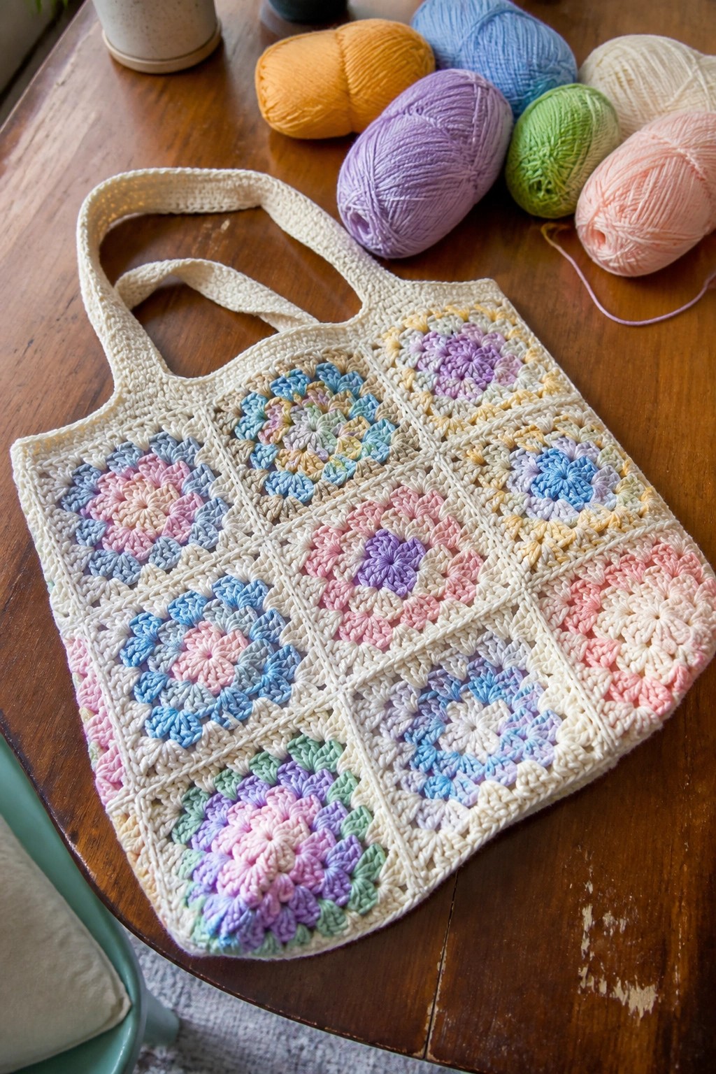 Crocheted granny square tote bag in pastels beside yarn skeins on wooden table