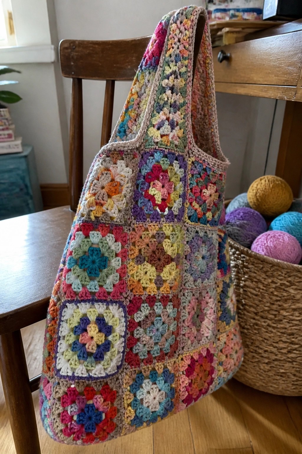 Colorful granny square crochet tote bag draped over wooden chair near yarn basket
