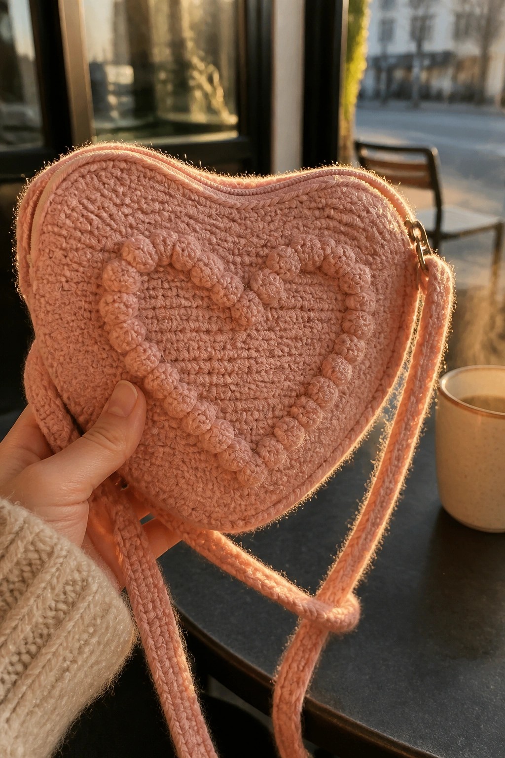 A hand holds a pink fuzzy crocheted heart-shaped pouch with a raised bobble heart on the front and an attached strap resting on a dark table.
