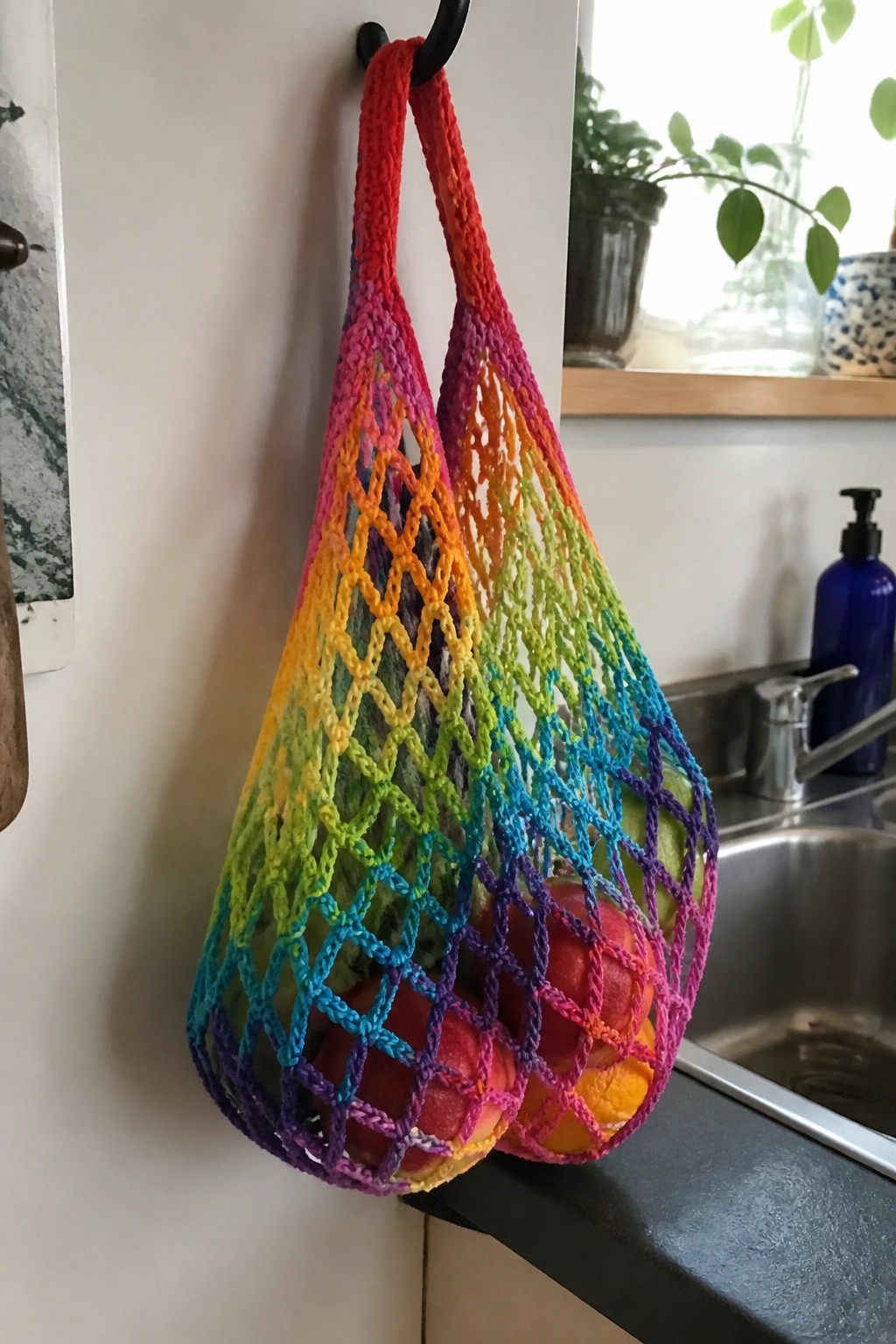 Rainbow crocheted net bag with apples hanging from black hook in kitchen.