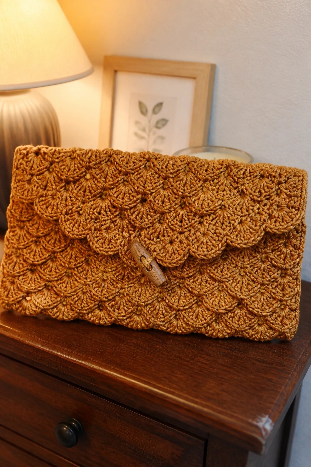 Ochre crocheted clutch with scalloped edges and wooden button on wooden nightstand