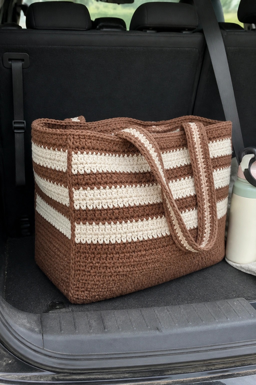 Brown and white striped crocheted tote bag in car trunk beside water bottle.