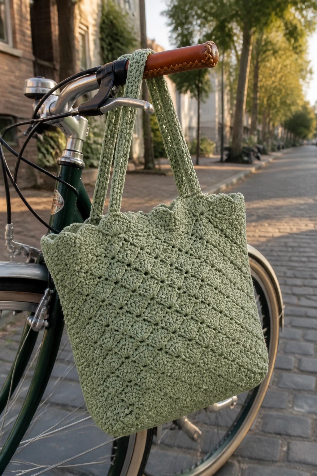 Sage green crocheted tote bag hanging from green bicycle handlebars on cobblestone street