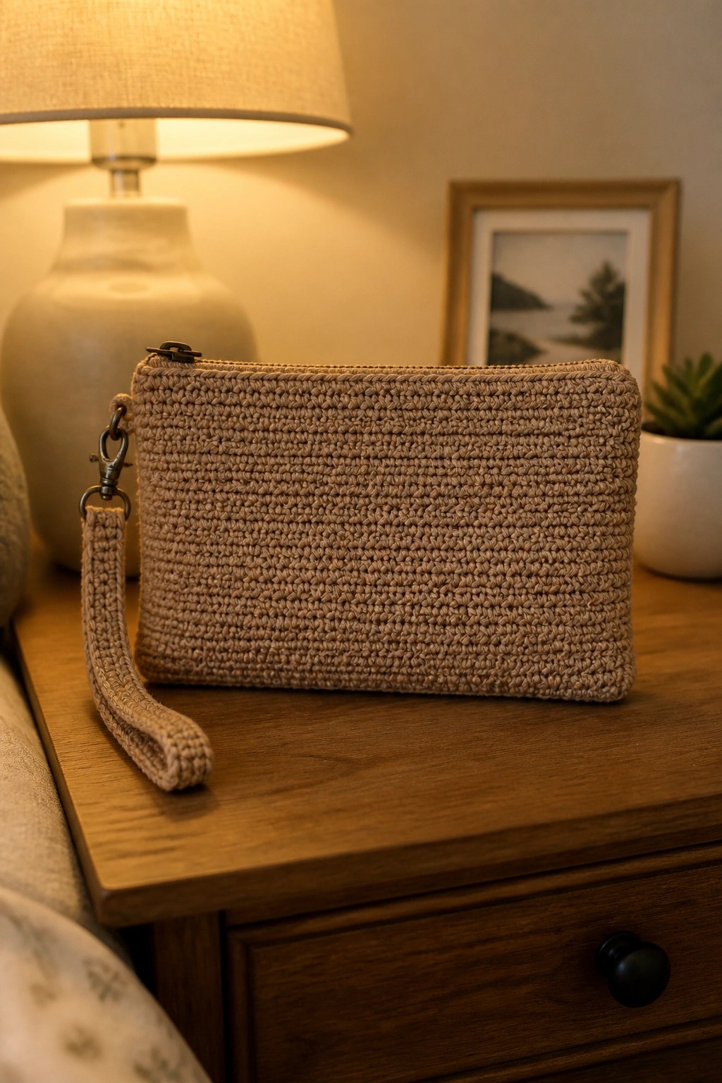 Beige crocheted zippered clutch with wrist strap on wooden nightstand