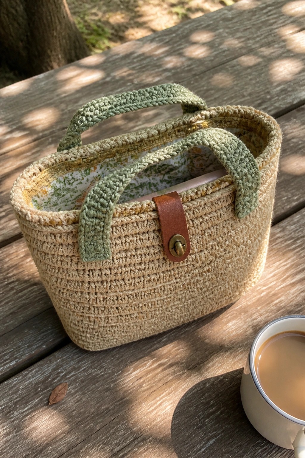 Crocheted beige basket with green handle, leather clasp, and floral lining on picnic table