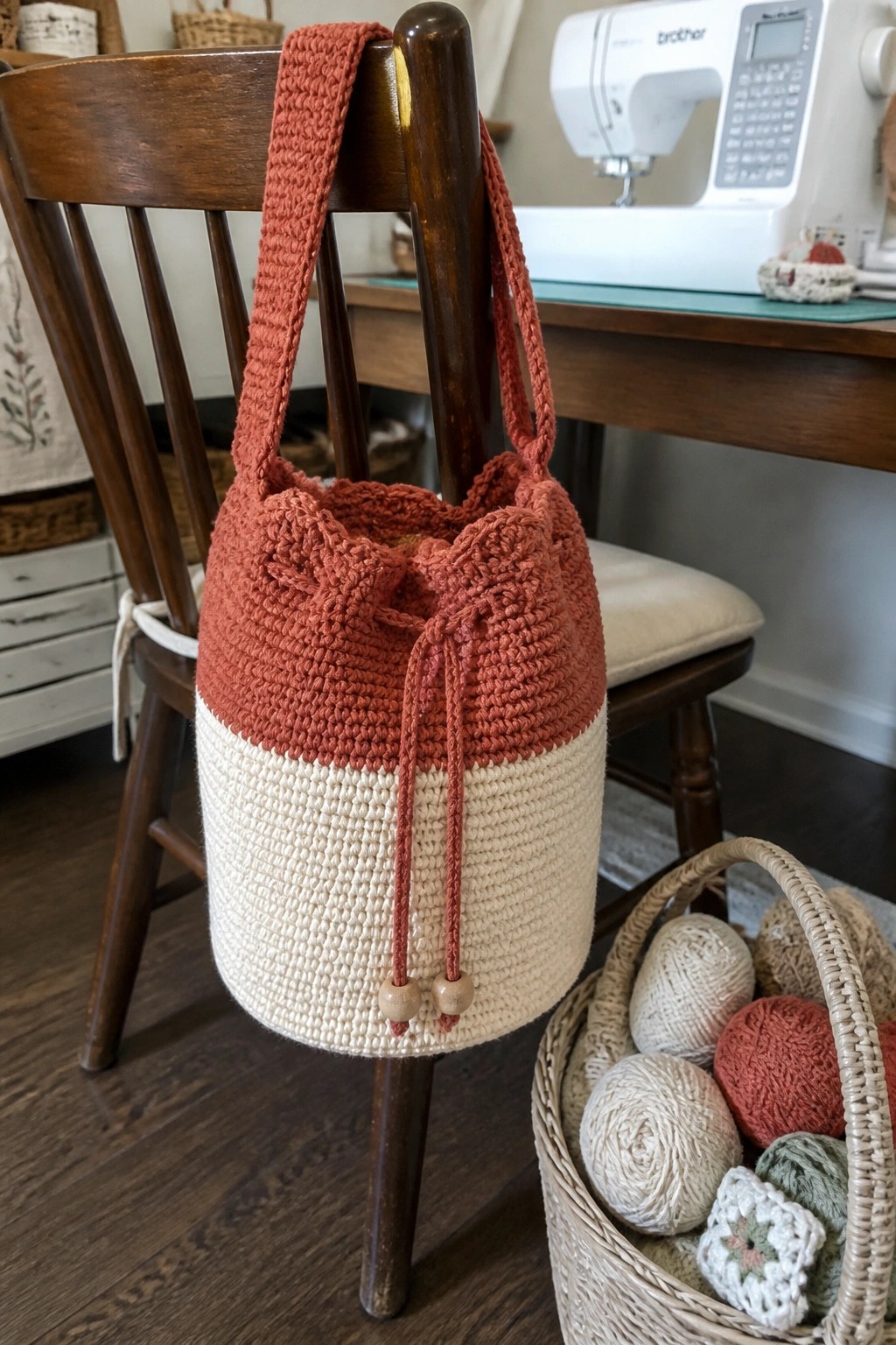 Two-tone rust and cream crocheted drawstring bag hanging on wooden chair