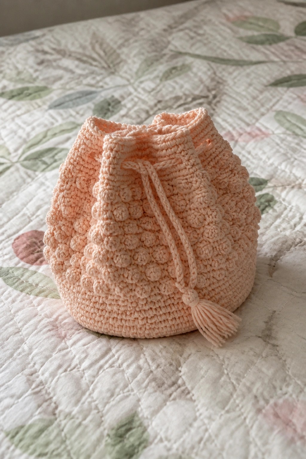 Peach crocheted bobble drawstring bag with tassel on floral quilt