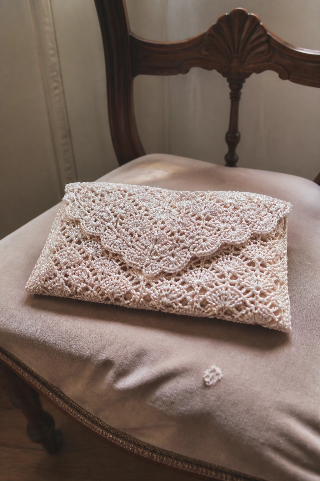 Cream crocheted lace clutch on beige upholstered antique chair seat