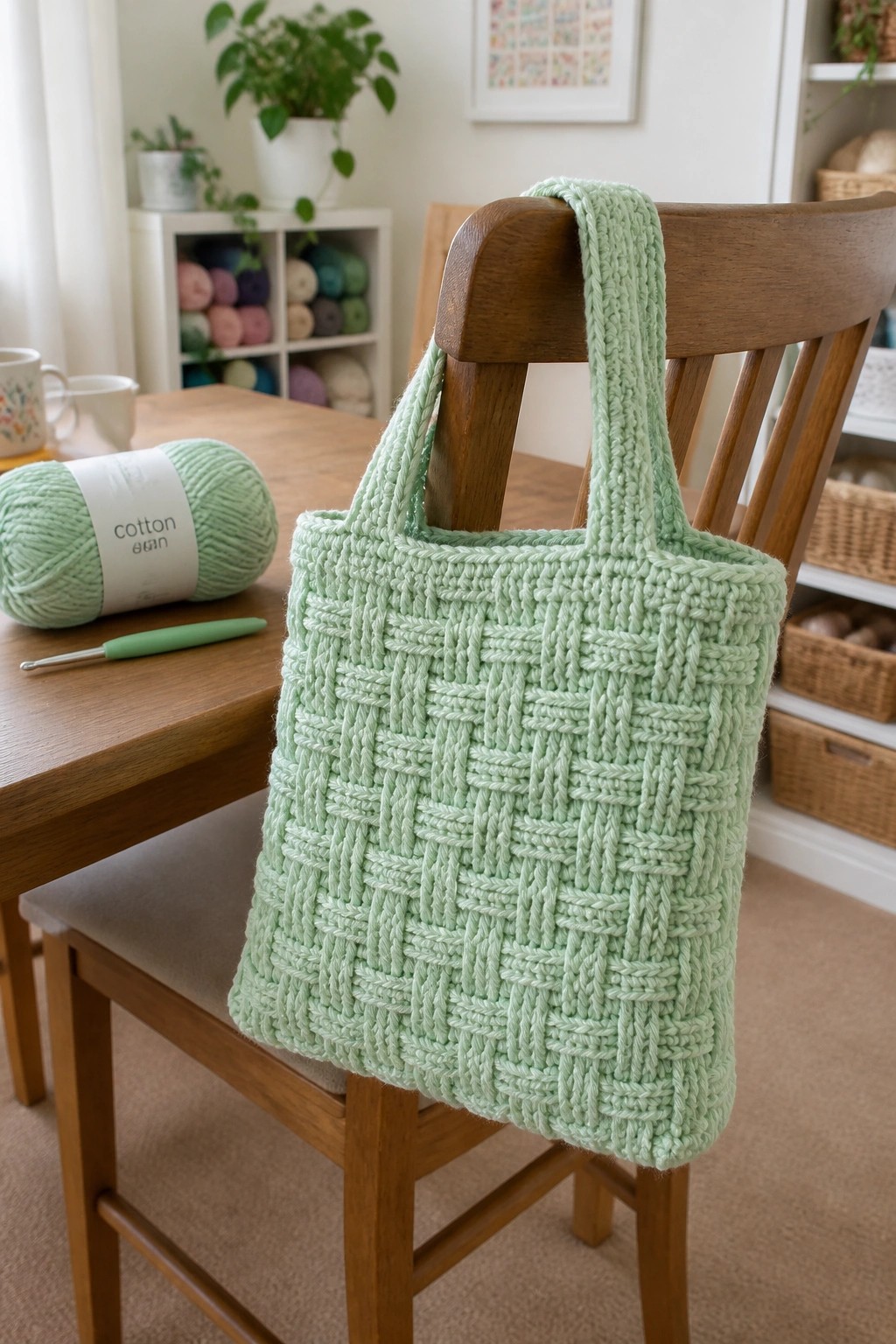 Mint green crocheted tote bag on wooden chair beside cotton yarn and hook