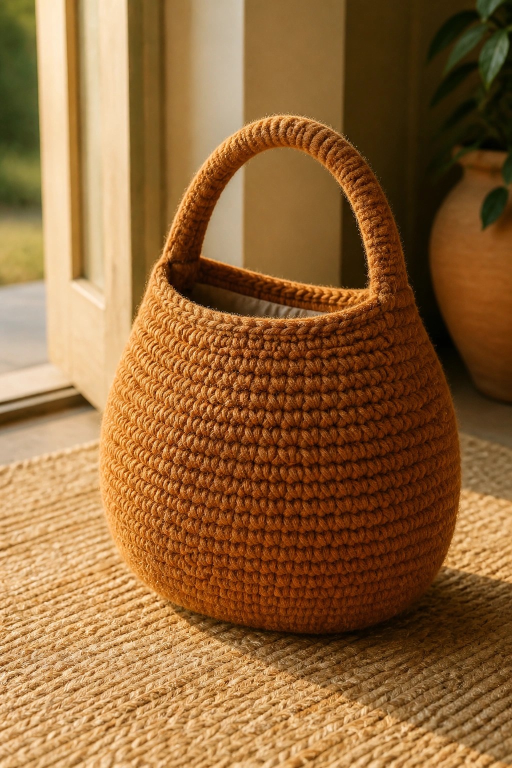 Brown crocheted handbag with handle on woven rug near window and plant