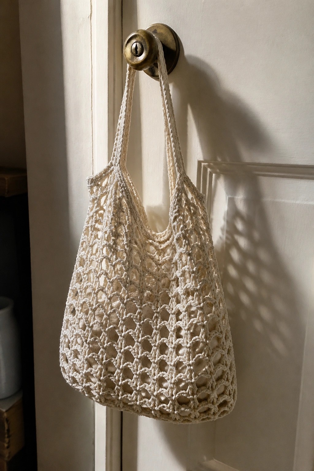 Cream crocheted net bag hangs from brass doorknob on white door.