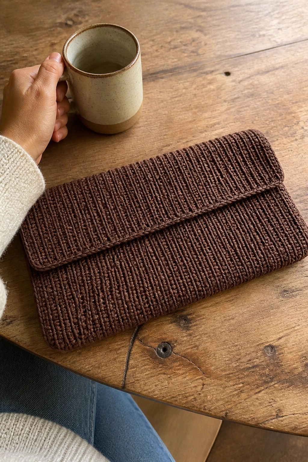 Hand in cream sweater holding speckled mug beside brown knitted clutch on wood table