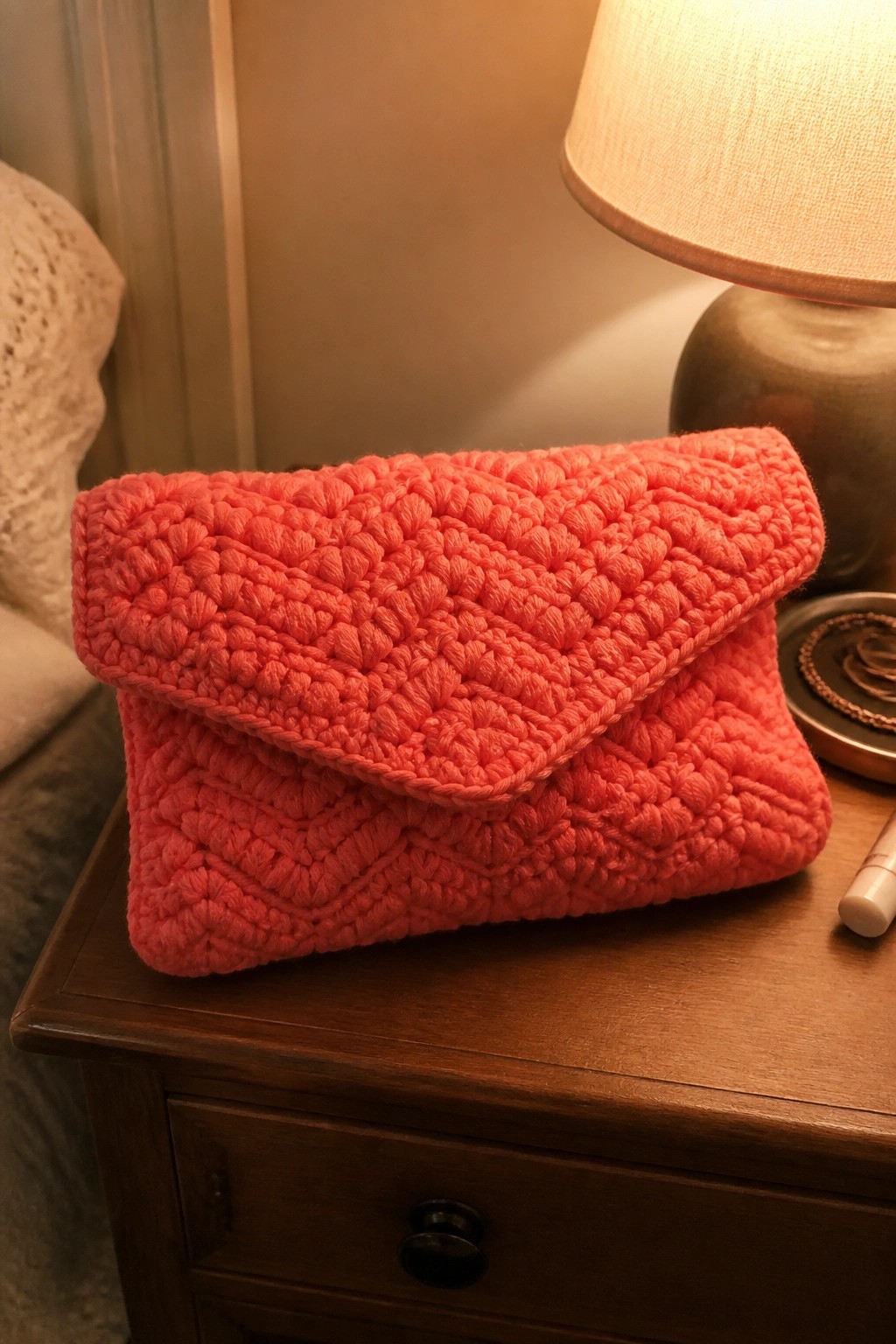 Coral crocheted envelope clutch on wooden nightstand beside table lamp.
