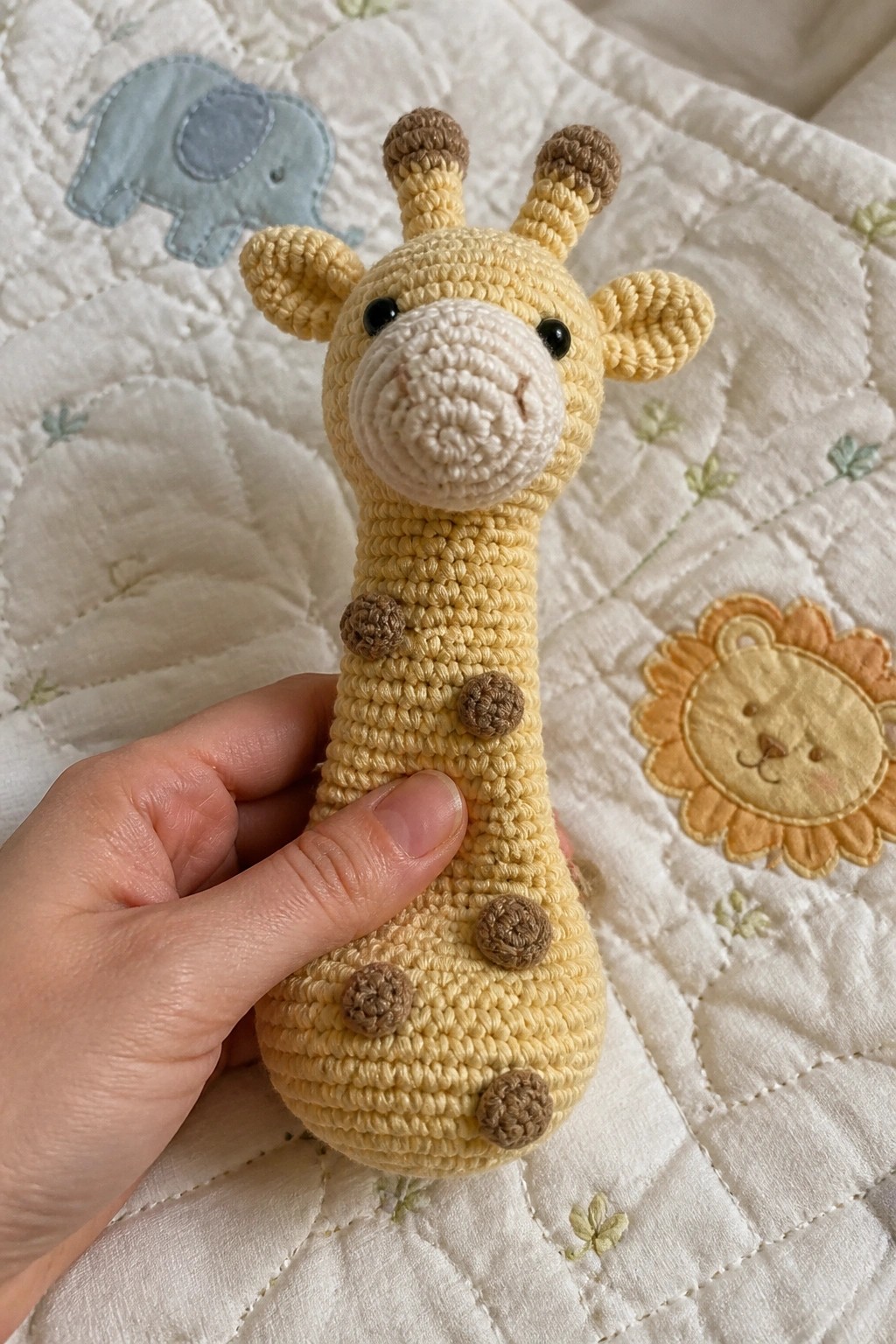 Hand holding crocheted yellow giraffe with brown spots on quilted blanket