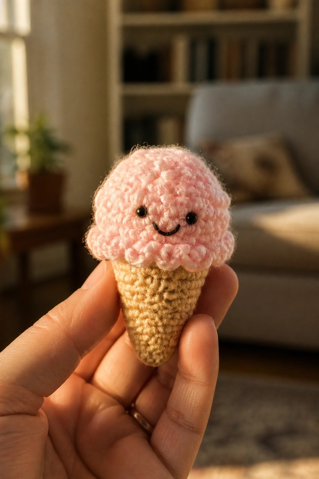 Hand holding pink crocheted ice cream cone toy with smiling face
