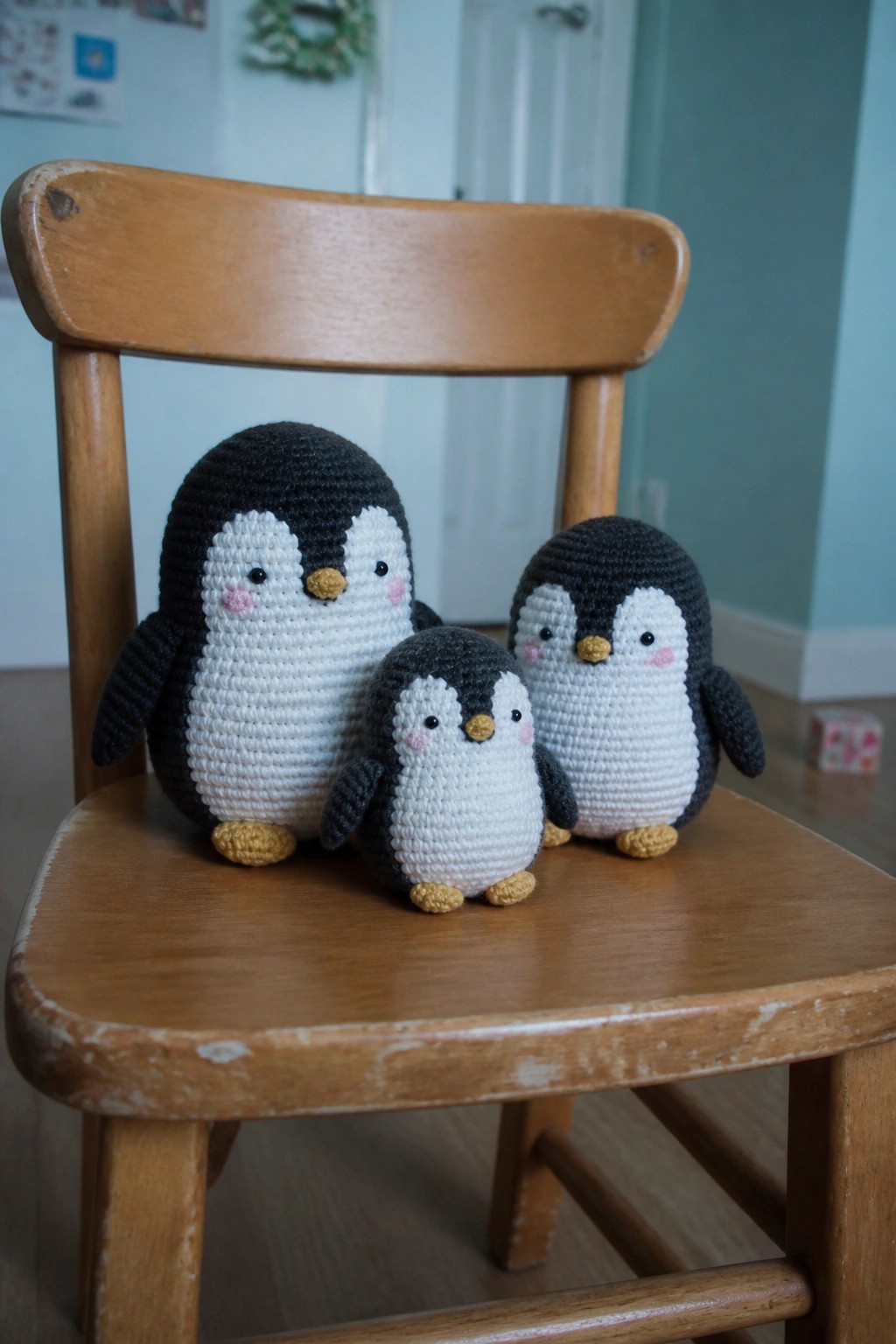 Three crocheted black-and-white penguins with pink cheeks on a wooden chair