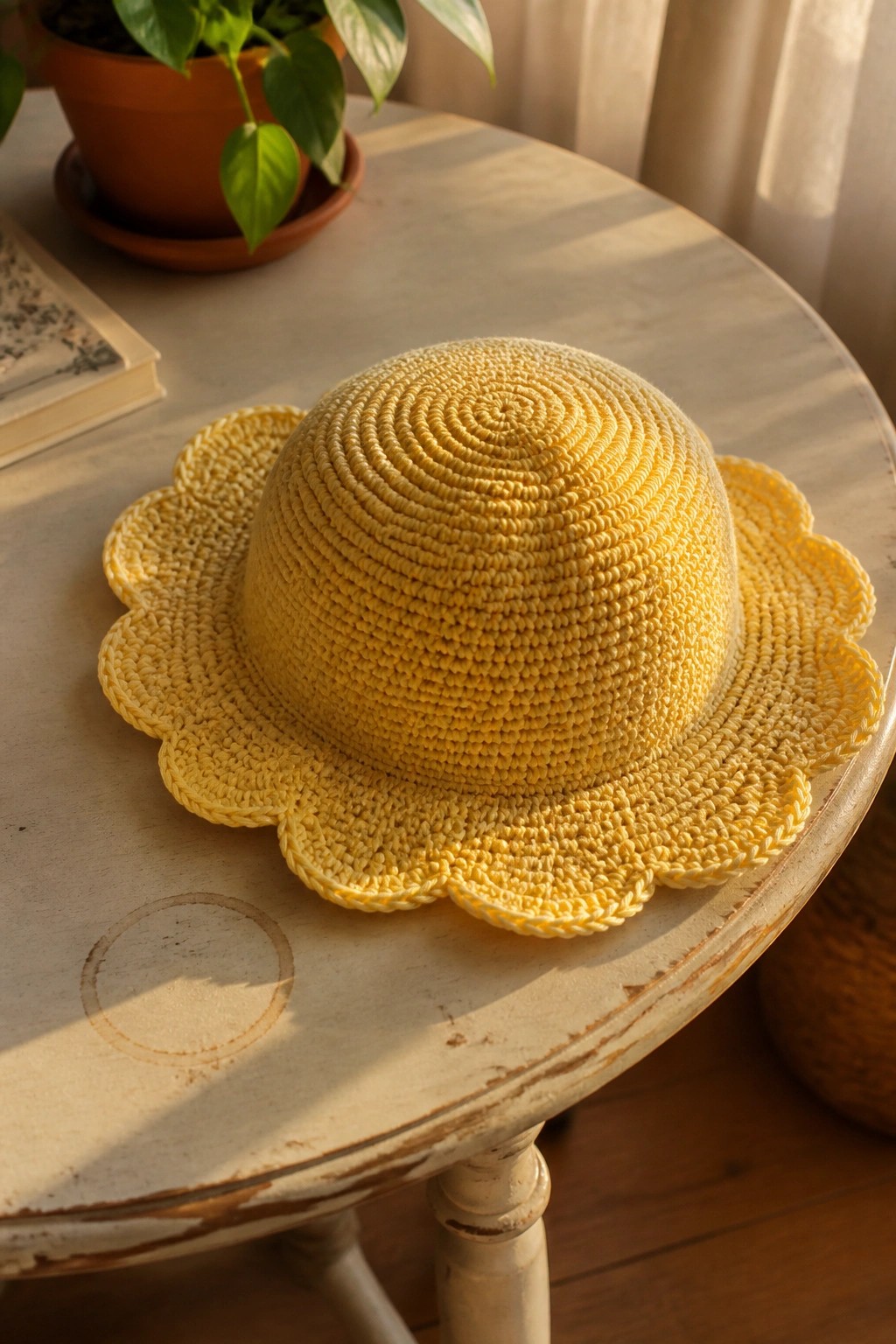 A yellow crocheted hat with a spiral crown and scalloped brim on a wooden table next to a plant and book.