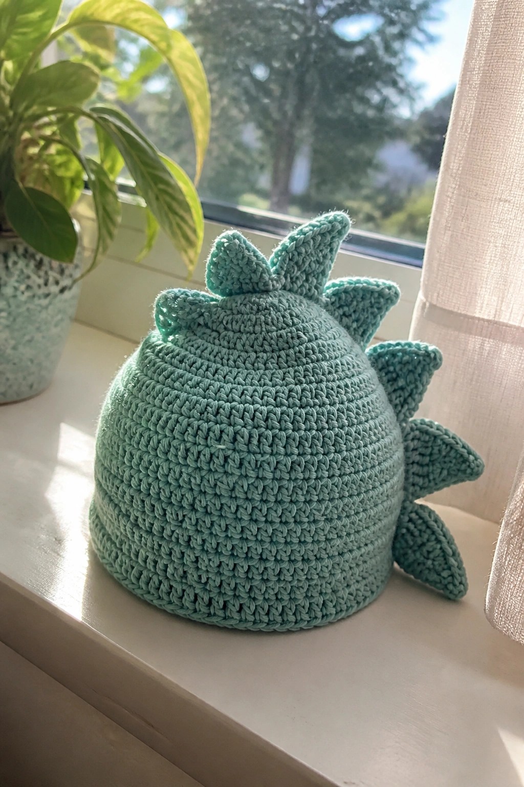 Mint green crocheted dinosaur hat with spikes on sunny windowsill beside plant