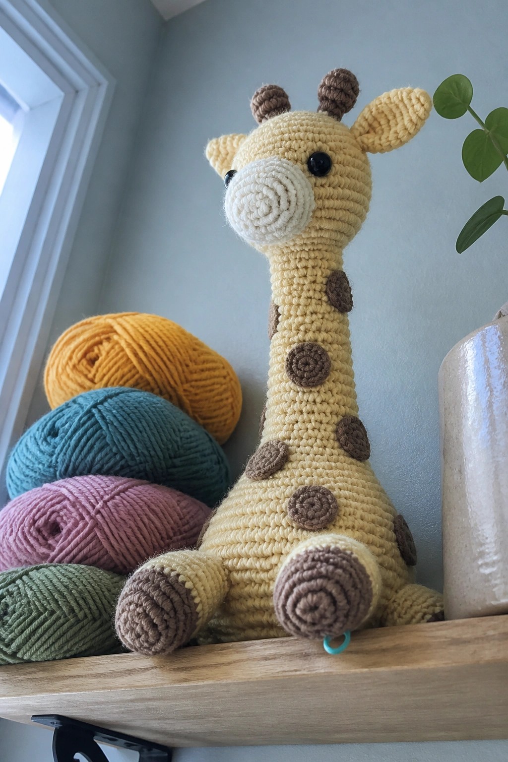 Crocheted yellow giraffe with brown spots on a wooden shelf beside yarn balls.