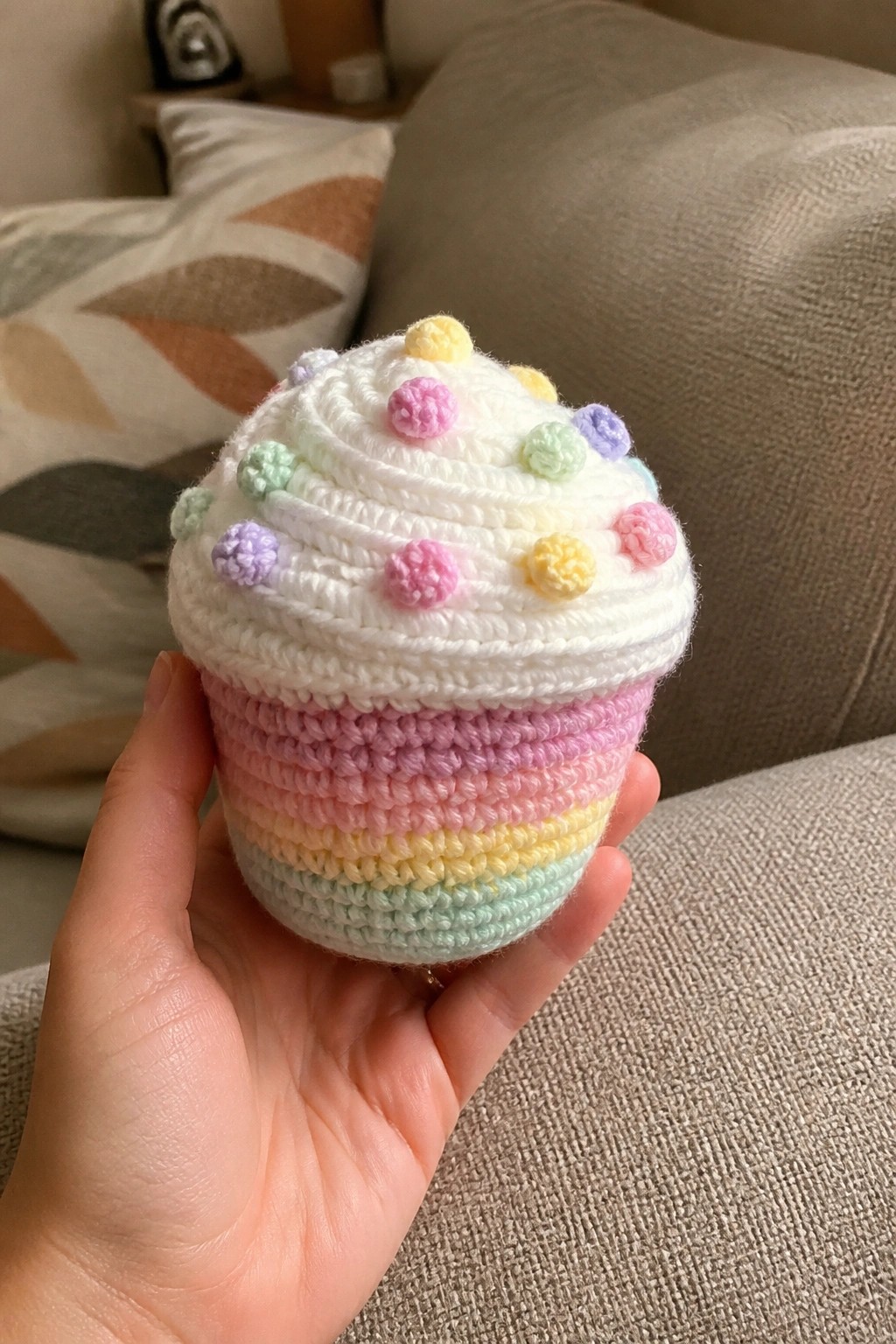Hand holding rainbow crocheted cupcake with white top and colorful pom-poms