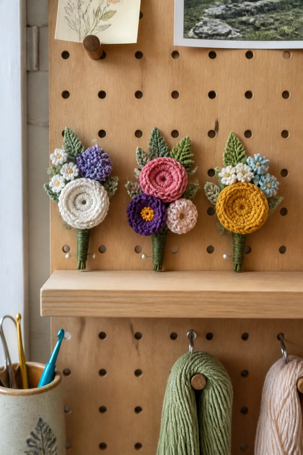Three colorful crocheted flower bouquets pinned to a wooden pegboard above yarn skeins