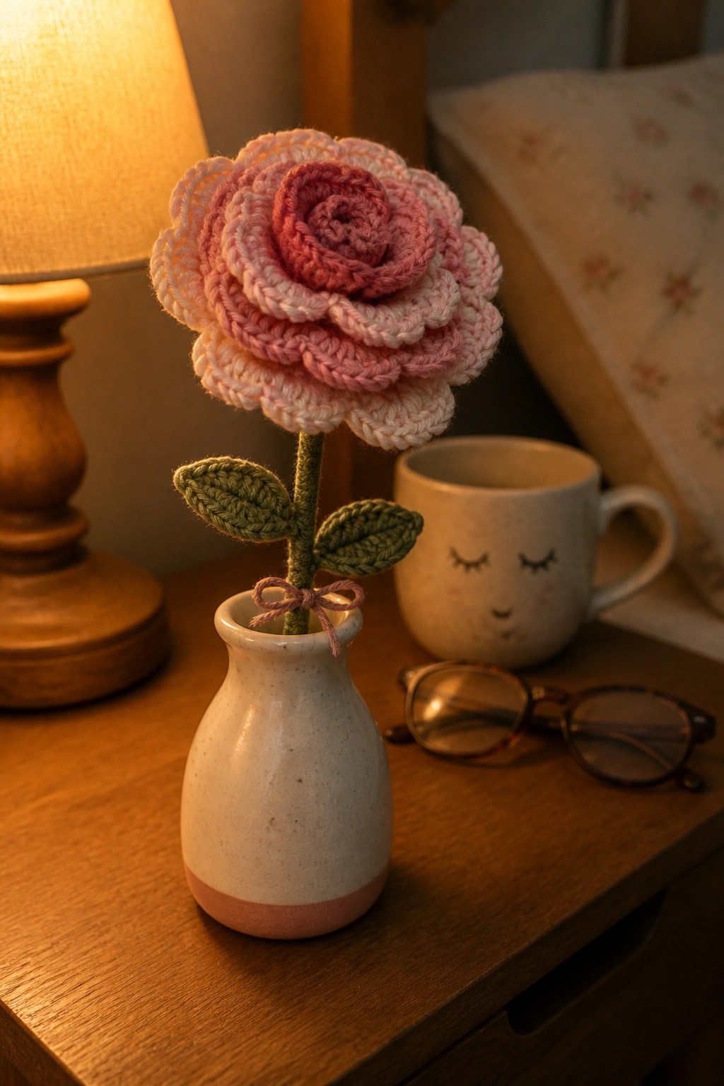 Crocheted pink rose in white vase on wooden table with lamp and mug.