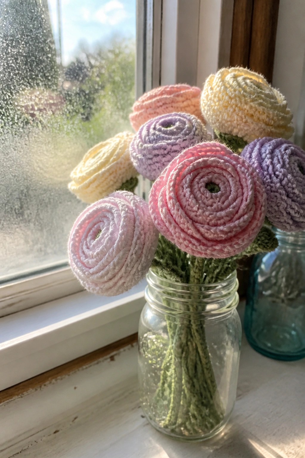 Pastel crocheted flowers in a glass jar on a sunlit windowsill