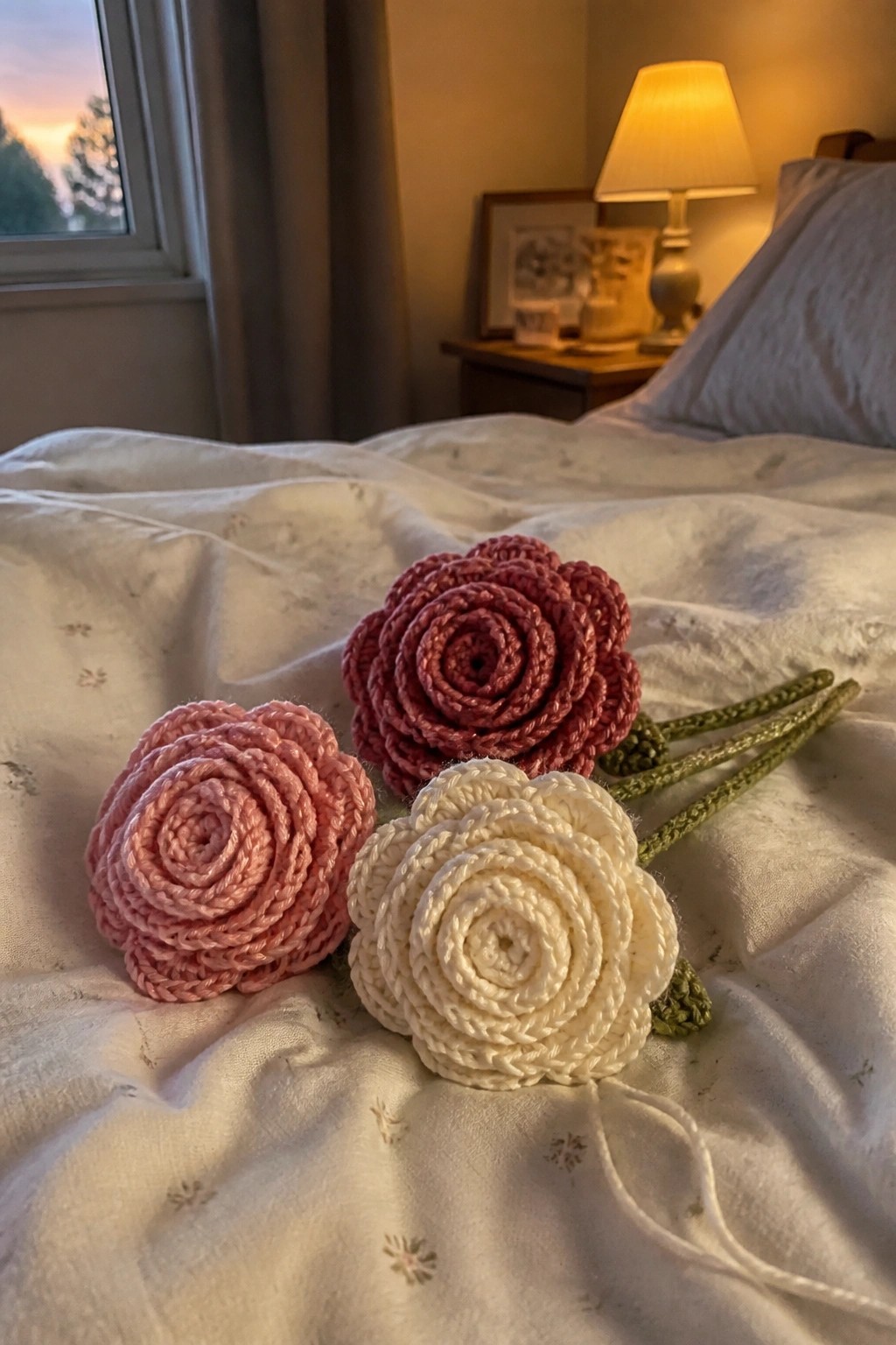 Three crocheted roses in pink, red, and white on white bedding