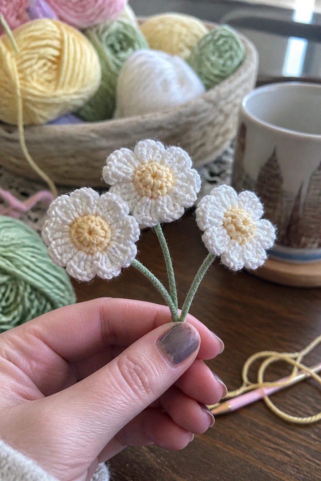 Hand holding three white crocheted flowers with yellow centers on green stems