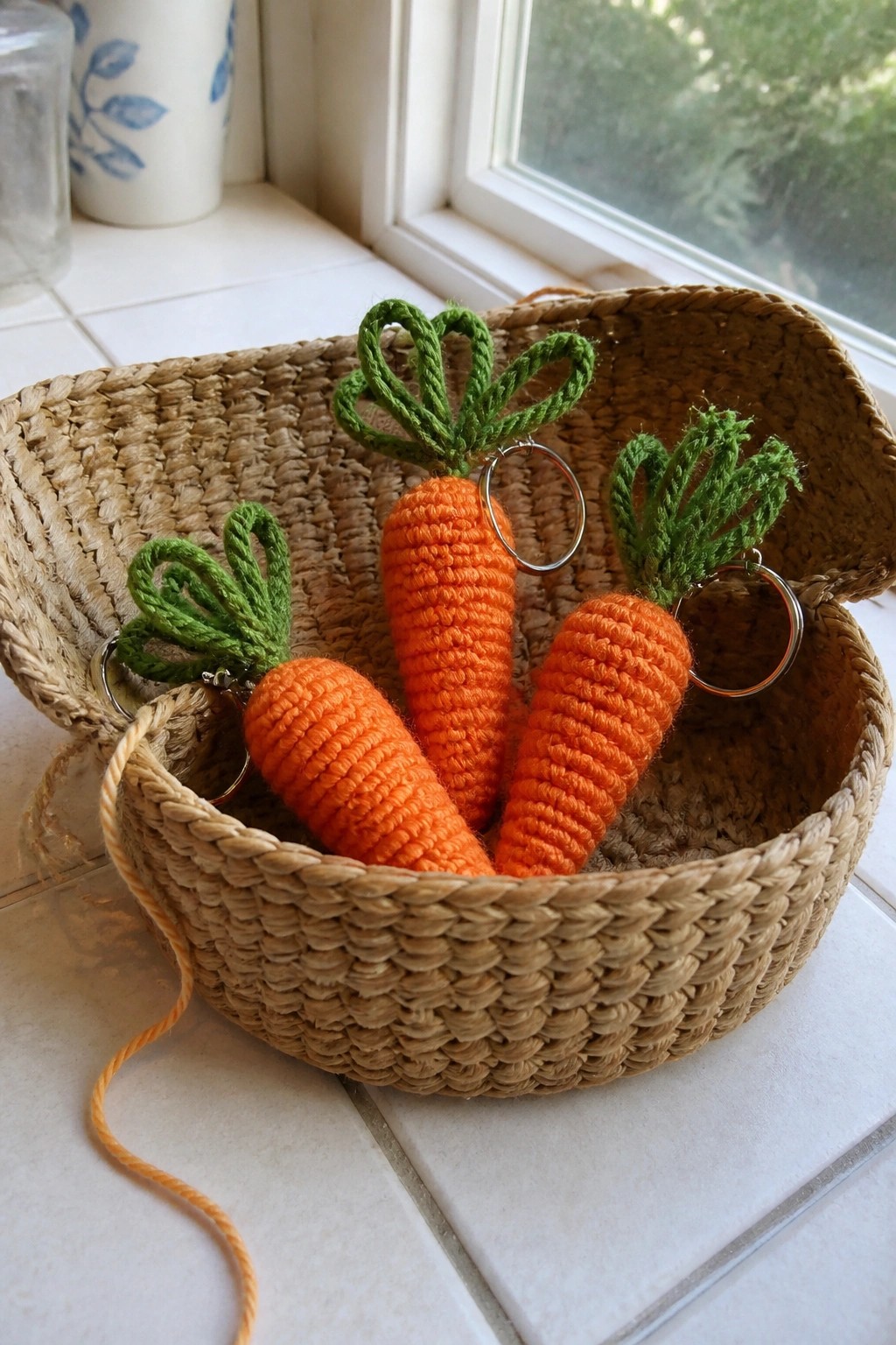 Three crocheted orange carrot keychains in a woven basket on a windowsill.