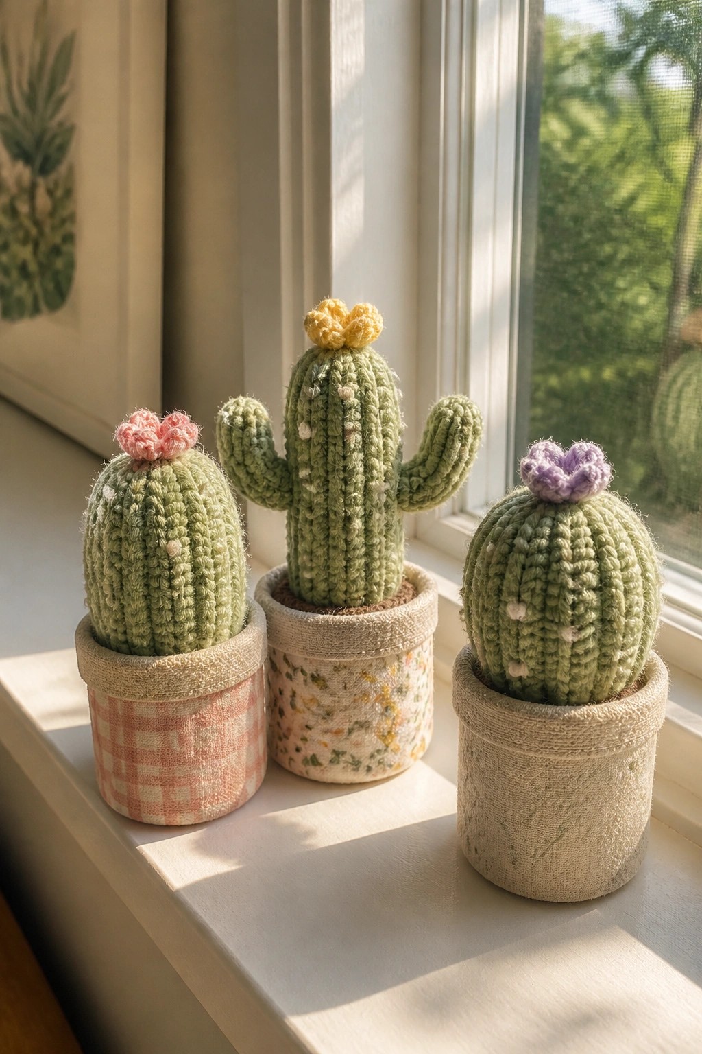 Three crocheted cacti with pink, yellow, and purple flowers in patterned pots on a windowsill.
