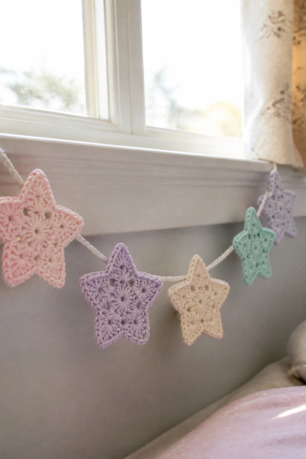 Pastel crocheted star garland strung along a sunlit windowsill