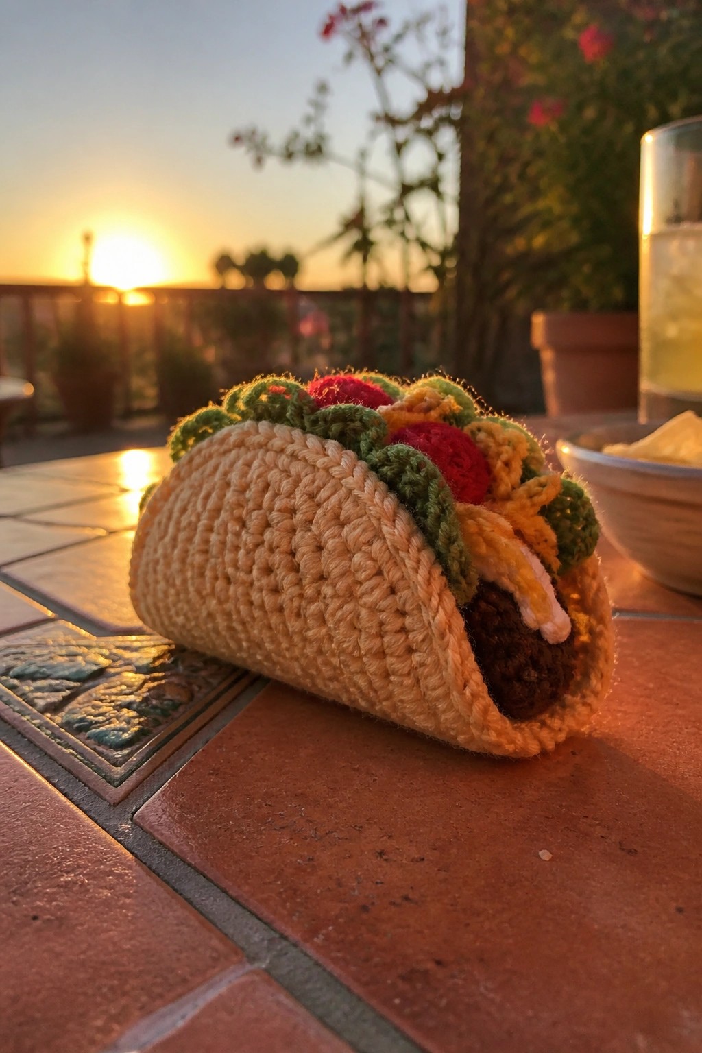 Crocheted taco with lettuce, tomato, and cheese on sunset-lit tiled table