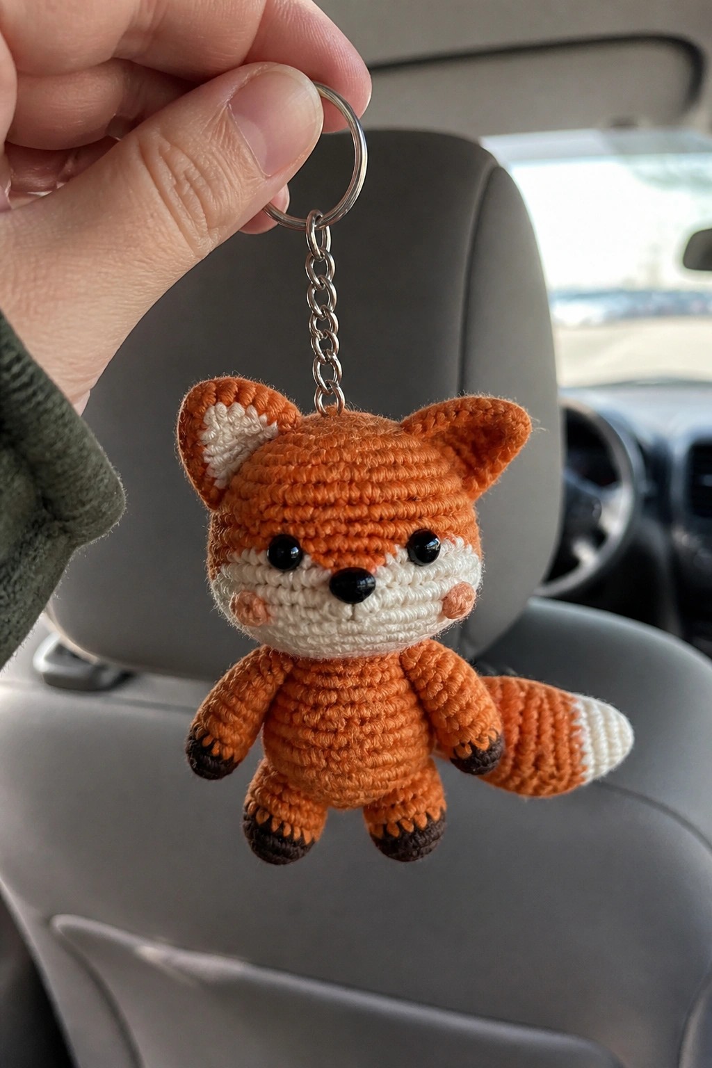 Hand holds orange crocheted fox keychain with white muzzle on metal chain.