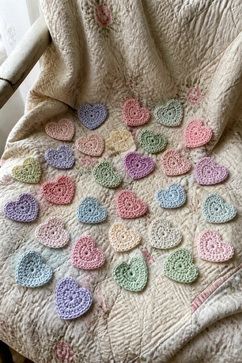 Pastel crocheted hearts scattered on a floral quilted blanket.