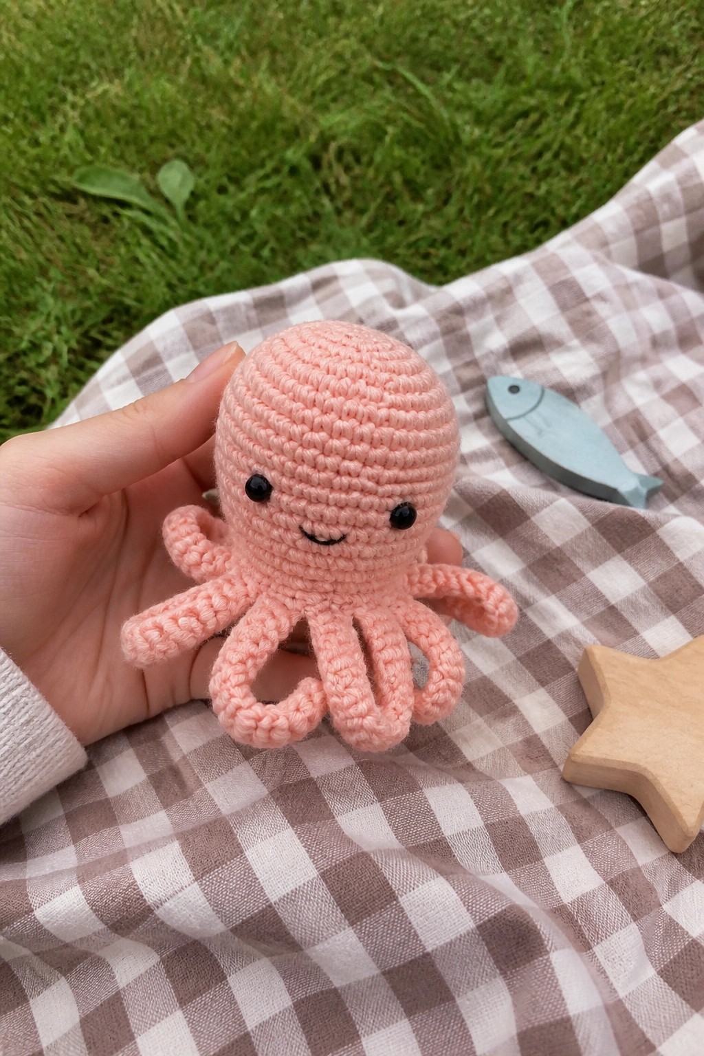Hand holding pink crocheted octopus on checkered blanket beside wooden star and fish toy
