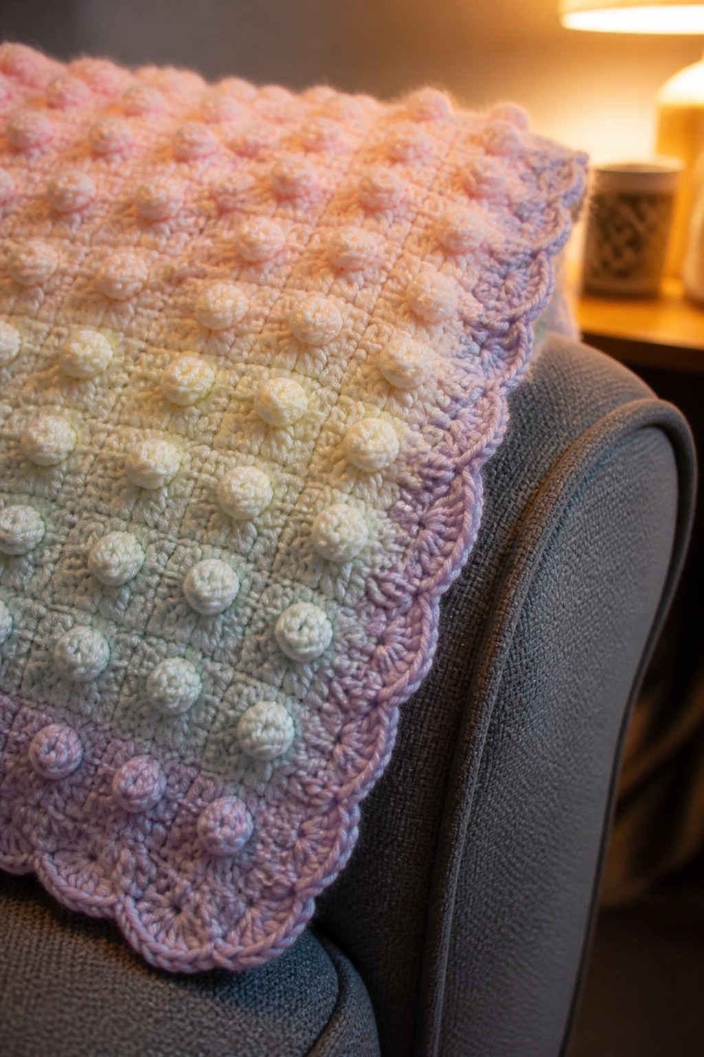 Pastel crocheted bobble blanket with gradient colors draped on gray chair.