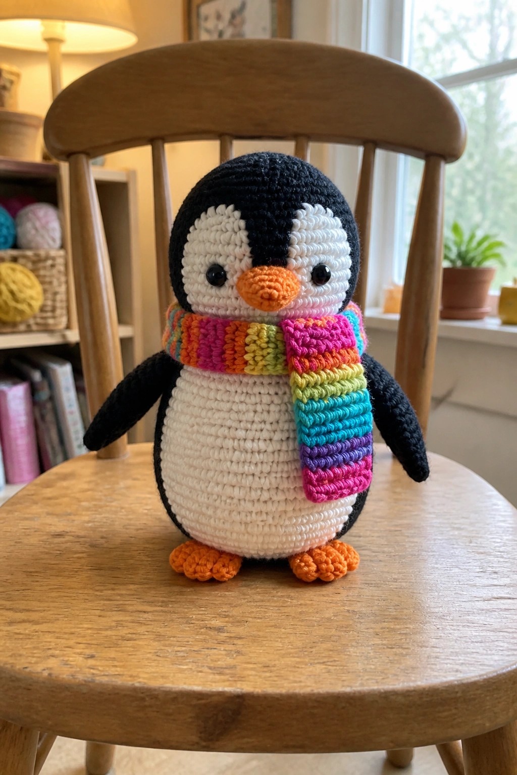 Crocheted black-and-white penguin with rainbow scarf on wooden chair