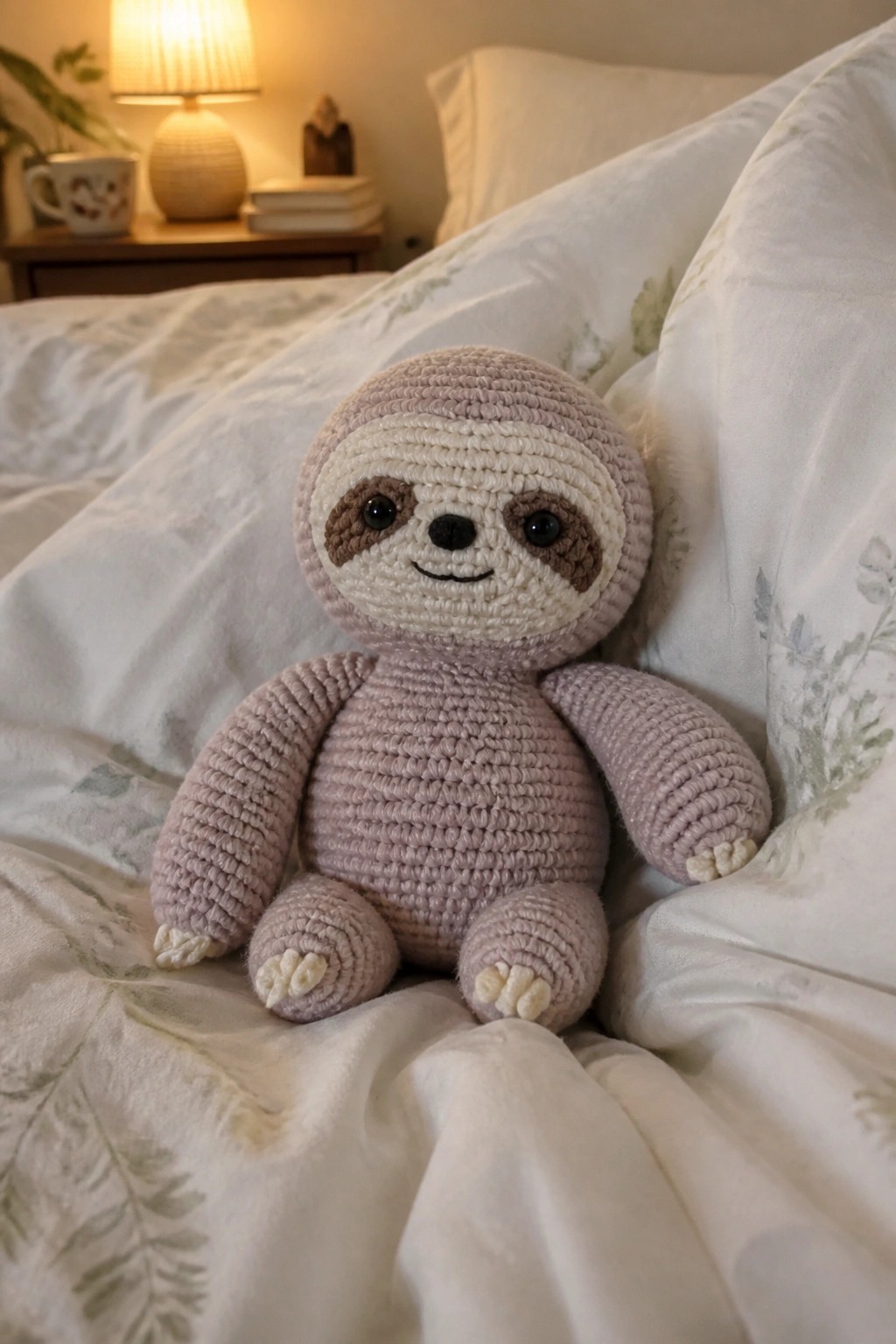 Crocheted lavender sloth plush on white leaf-patterned bedding beside a lit lamp.