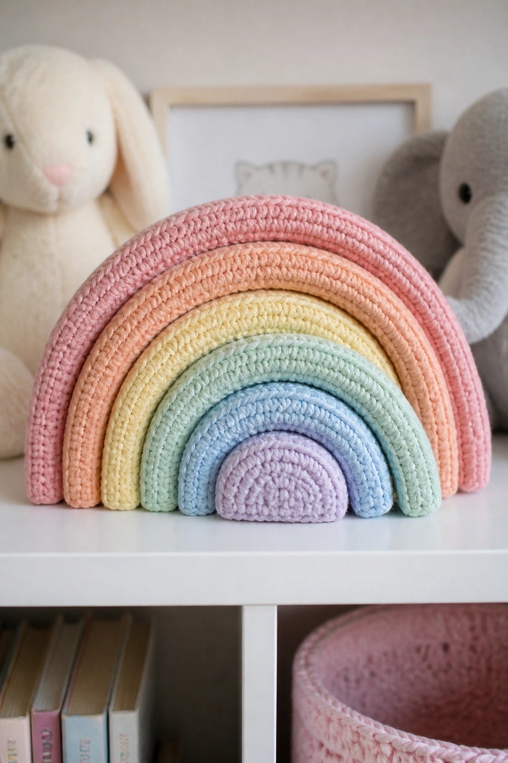 Crocheted pastel rainbow arches displayed on a white shelf with stuffed animals nearby.