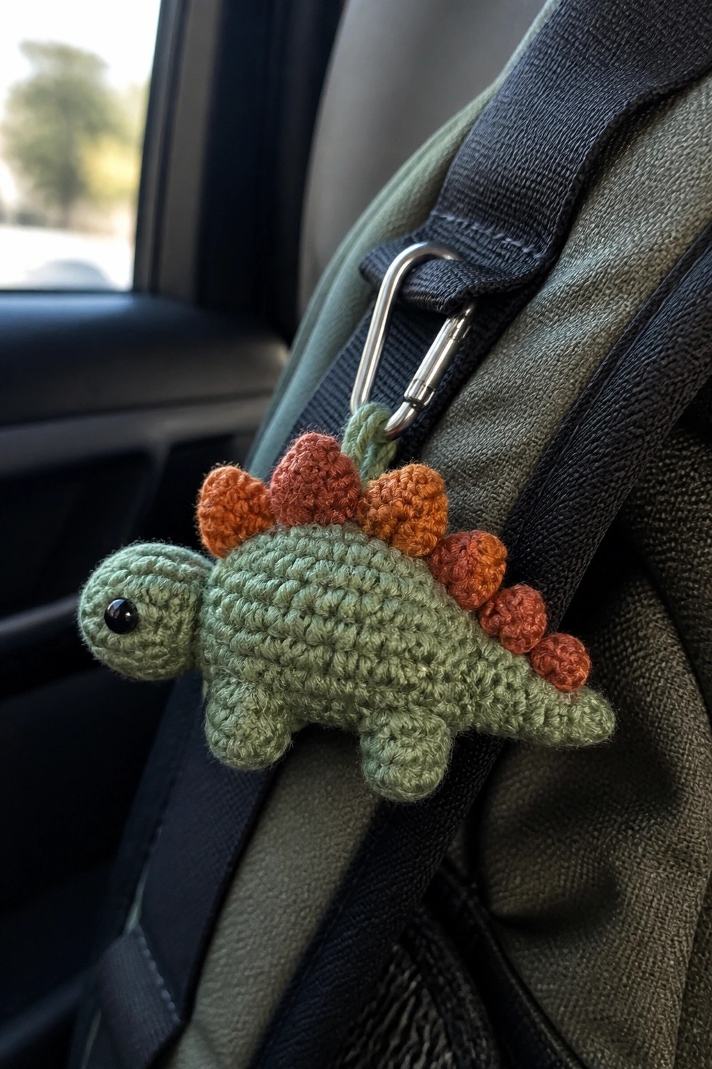 Crocheted green stegosaurus with orange spikes clipped to a backpack strap.
