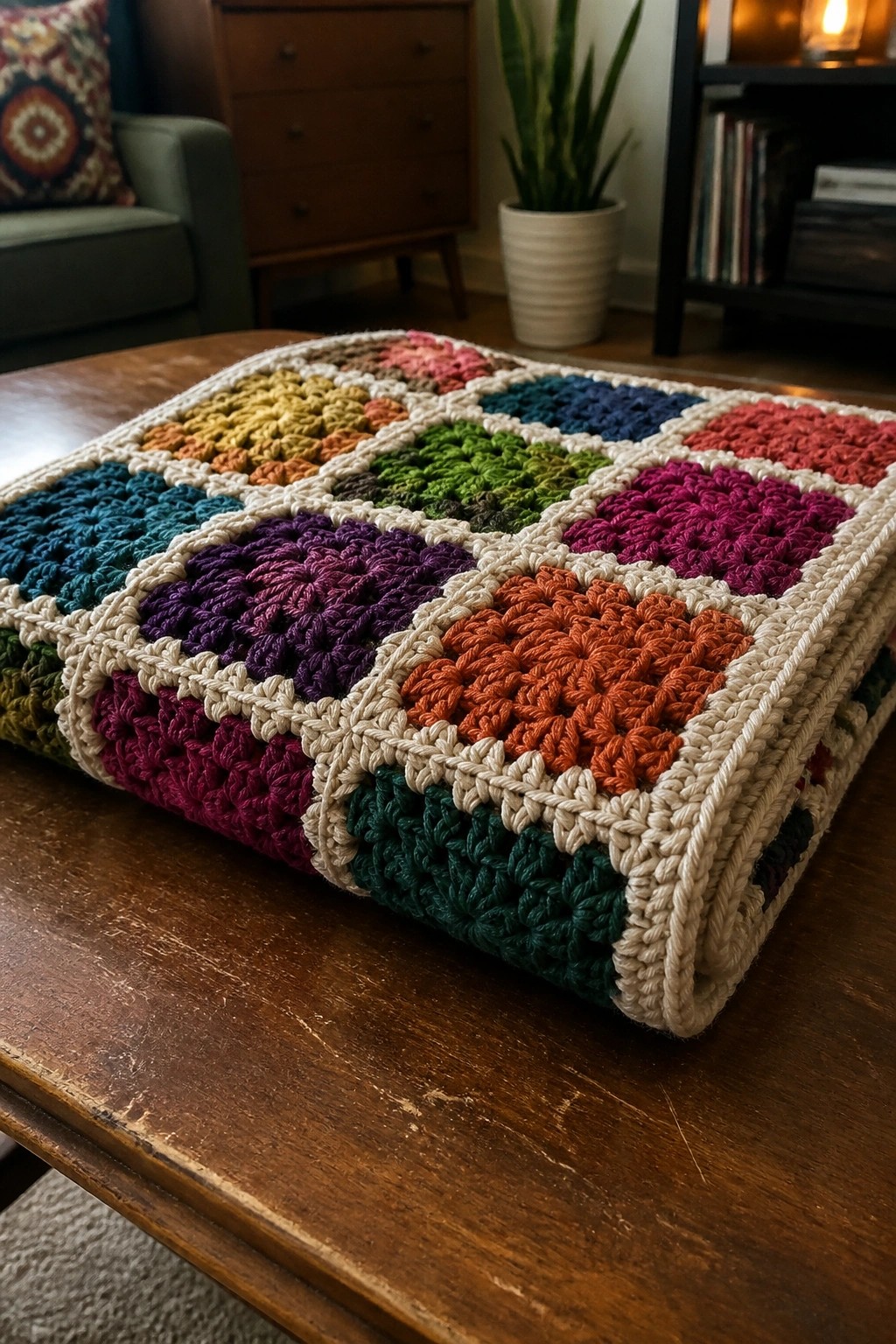 Colorful crocheted granny square blanket folded on a wooden table